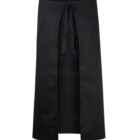 Black waist apron with a front slit and tie closure against a white background.