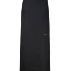 Plain black apron with neck strap and long front coverage, displayed on a white background.