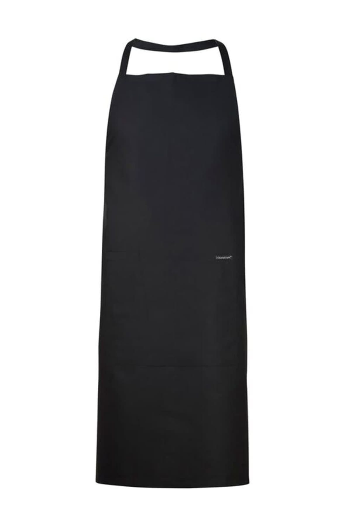Plain black apron with neck strap and long front coverage, displayed on a white background.