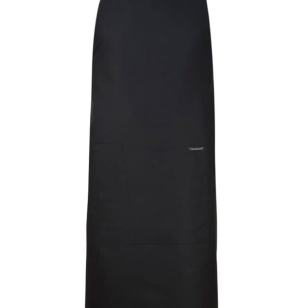 A plain black apron with a neck strap and coverage down to the knees.