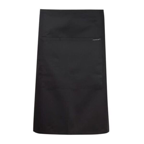 Black waist apron with a front pocket, displayed on a plain white background.