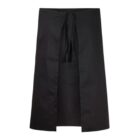 Black waist apron with a front tie and open side panels, displayed on a white background.