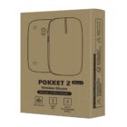 Brown box packaging for Pokket 2 wireless mouse, made of bio-plastic with eco-friendly icons.