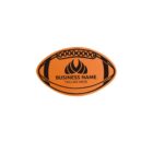 An orange oval-shaped emblem resembling a rugby ball, with a flame icon at the center and placeholder text Business Name and Tagline Here beneath it.