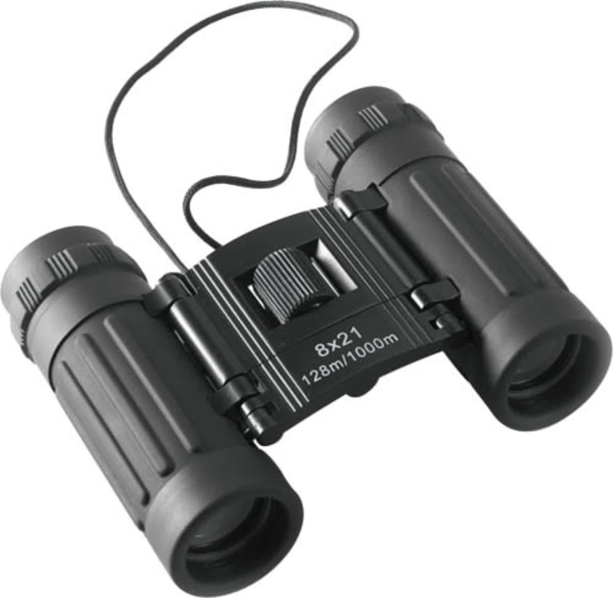 Compact black binoculars with an 8x-21 magnification and 128m/1000m range engraved on the focusing bridge. They have attached eyepiece caps and a neck strap.