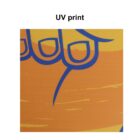 A square fabric swatch displays a yellow and orange abstract design with swirling blue outlines. The top reads UV print in black text on a white background.