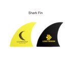 Two shark fin-shaped promotional items are shown. The yellow one has a black wave and the words Company Your Tagline. The black one has yellow geometric arrows and the words Logo Design. The text Shark Fin is above them.