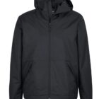 Black hooded jacket with front zipper and two side pockets, displayed on a white background.