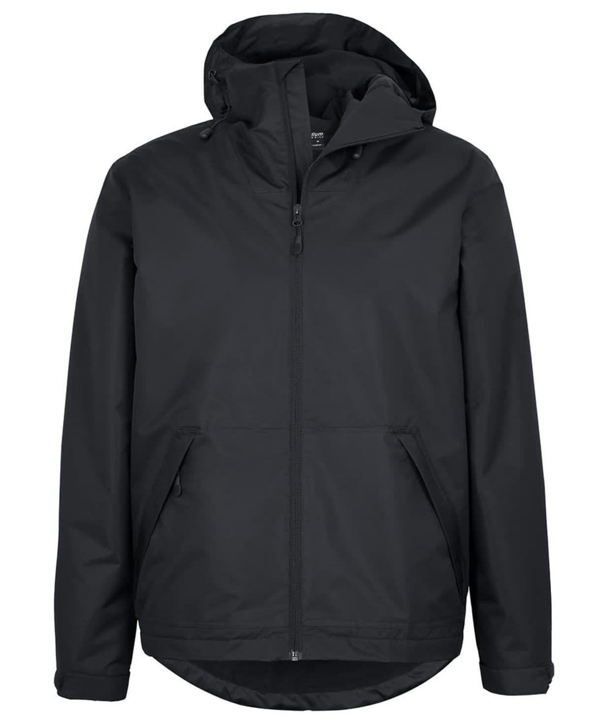 Black hooded jacket with front zipper and two side pockets, displayed on a white background.