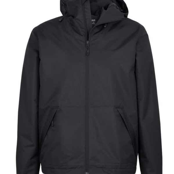 Black hooded jacket with front zipper and two side pockets, displayed on a plain background.