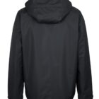 Black hooded jacket shown from the back, with long sleeves and a simple design.
