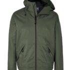 Olive green hooded jacket with front zipper and two zippered side pockets.