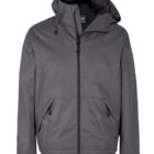 Gray hooded jacket with front zipper and two zippered pockets, displayed on a white background.