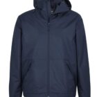 Navy blue hooded rain jacket with front zipper and two side pockets.