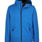 Bright blue hooded jacket with black zipper and pockets, displayed on a plain white background.