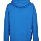 Back view of a blue hooded jacket with long sleeves.