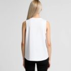 A woman with long blonde hair wears a white sleeveless top and black pants, seen from behind.