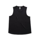 Black sleeveless tank top laid flat on a white background.