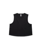Sleeveless black tank top laid flat on a white background.