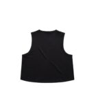 Sleeveless black tank top shown from the back on a white background.
