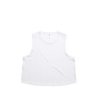 Sleeveless white tank top laid flat on a white background.
