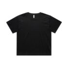 Plain black short-sleeve t-shirt laid flat on a white background.