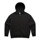 Black zip-up hoodie with front pockets, displayed on a white background.