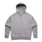 Gray zip-up hoodie with front pockets and a hood, laid flat on a white background.