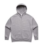Gray zip-up hoodie with front pockets laid flat on a white background.