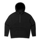 Black hooded sweatshirt with a half-zip front and a front kangaroo pocket.