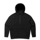 Black hooded sweatshirt with a front half-zip and kangaroo pocket, laid flat.