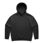 Black hooded sweatshirt with front pocket, laid flat on a white background.