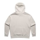 Back view of a plain, light beige hooded sweatshirt on a white background.