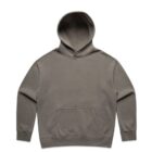 Gray hoodie with a front pocket and hood, laid flat against a white background.