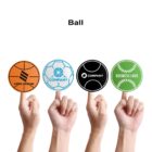 Four hands hold up circular sports-themed logos against a white background. Orange basketball, blue soccer ball, black tennis ball, and green baseball designs, each labeled with a mock company or business name. The word Ball is above.