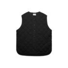 Black quilted sleeveless vest with front buttons and two slanted pockets, laid flat.