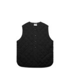 Black quilted vest with buttons and pockets, displayed on a plain white background.