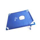 Blue elevated pet bed with a hole in the center, supported by a white and blue plastic frame. The word Planoi is printed in white on the fabric. The background is plain white.