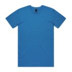 Plain blue short-sleeve t-shirt laid flat on a white background.