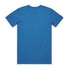 A plain blue short-sleeve t-shirt laid flat, shown from the back.