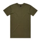 Plain olive green short-sleeve t-shirt laid flat on a white background.