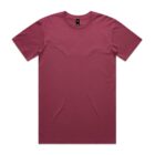 A plain maroon short-sleeve t-shirt laid flat on a white background.