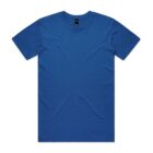 Plain blue short-sleeve t-shirt laid flat on a white background.