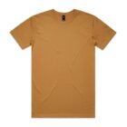 Plain, short-sleeved, light brown T-shirt laid flat on a white background.