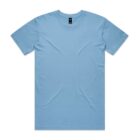Plain light blue short-sleeve t-shirt laid flat on a white background.