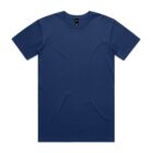 Plain navy blue short-sleeved t-shirt laid flat against a white background.