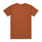 Plain brown short-sleeve t-shirt laid flat, shown from the back.