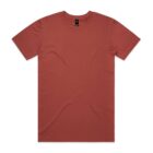 Plain rust-colored short-sleeve t-shirt laid flat on a white background.
