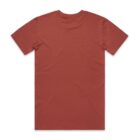 Back view of a plain, short-sleeve, red-brown t-shirt on a white background.