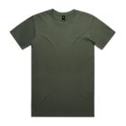 Plain olive green short-sleeve t-shirt laid flat on a white background.